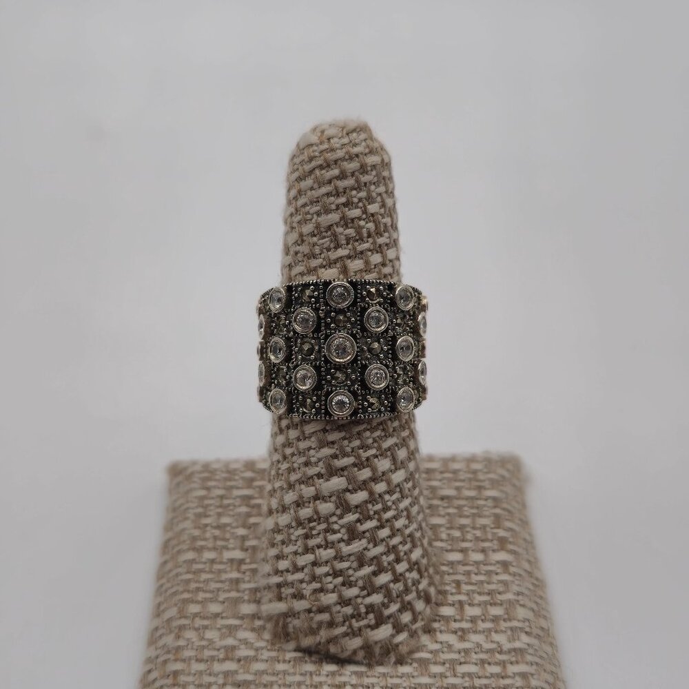 Size 7.25 Sterling Silver Round Cubic Zirconia And Marcasite Ring A2193